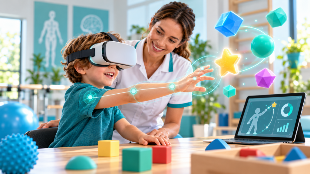 Autistic person participating in a therapist-supported virtual reality rehabilitation activity in a welcoming clinical setting.