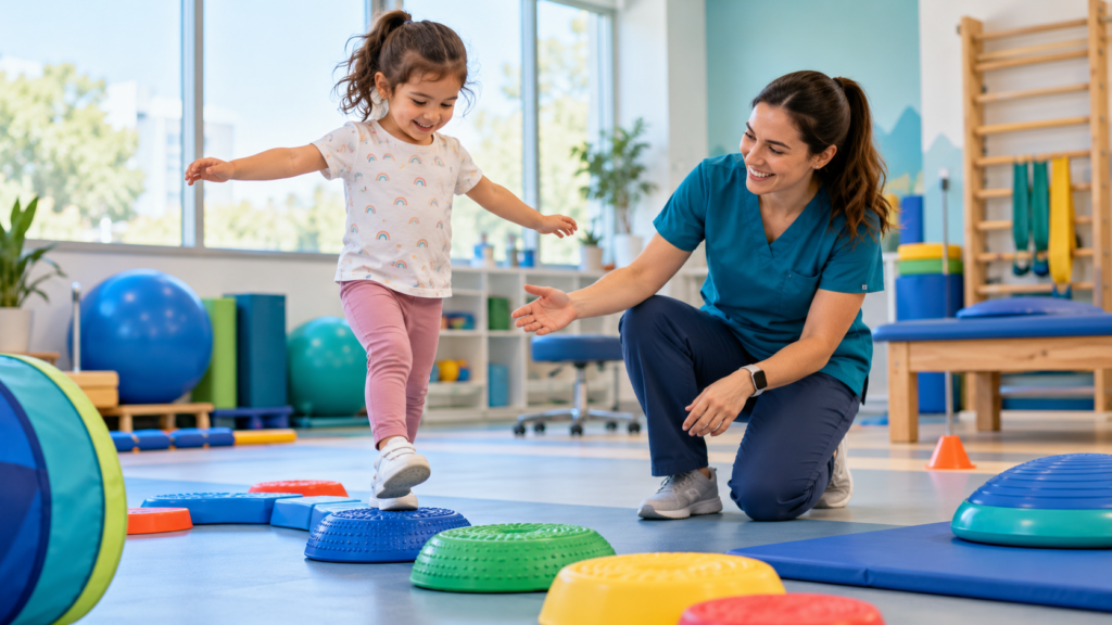 Child practicing balance and coordination in a pediatric rehabilitation session.