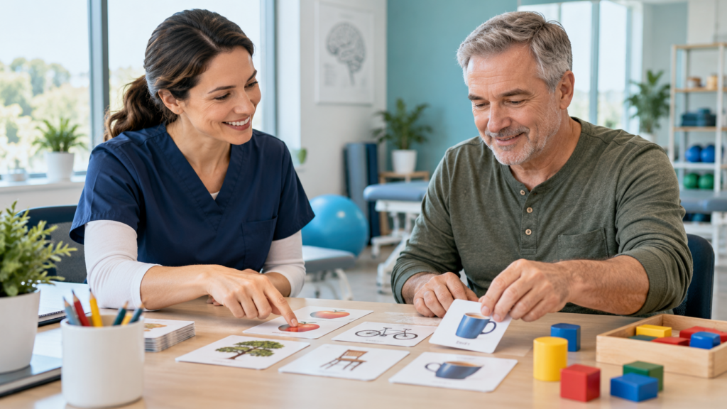Therapist guiding an adult through a cognitive rehabilitation activity using picture-matching cards.