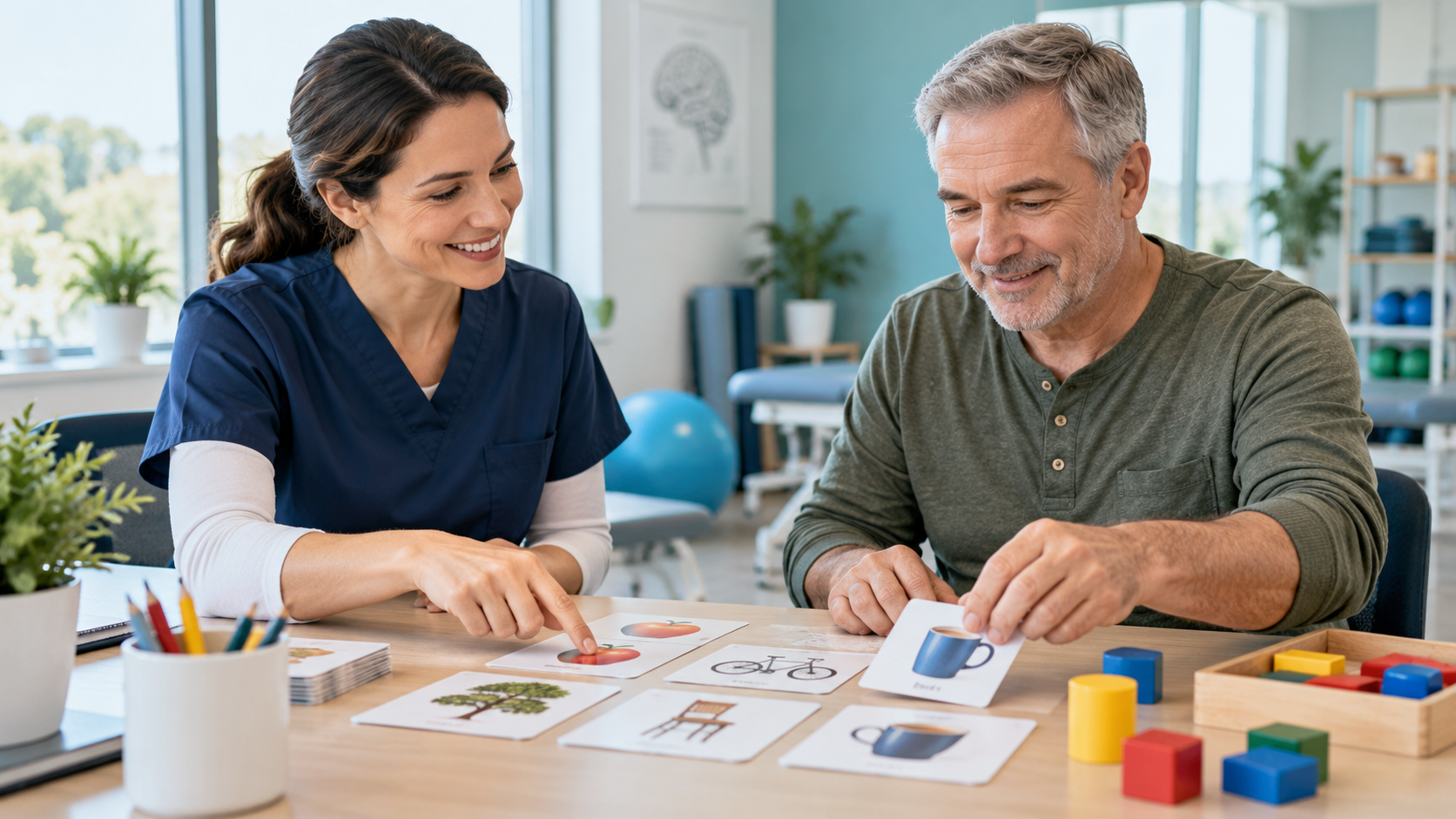 Therapist guiding an adult through a cognitive rehabilitation activity using picture-matching cards.