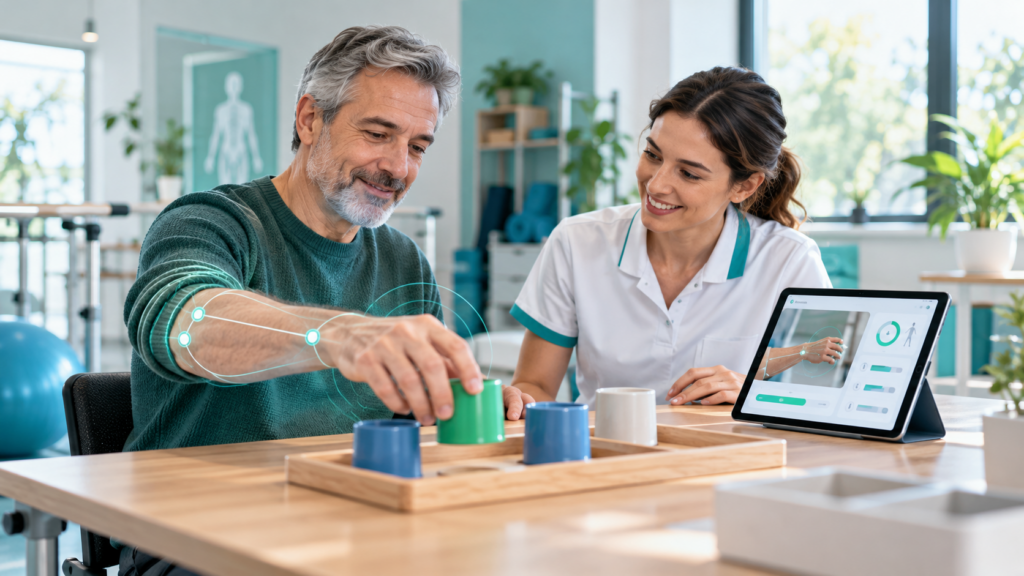 Therapist supporting upper-limb reaching and object manipulation during a digital rehabilitation exercise.