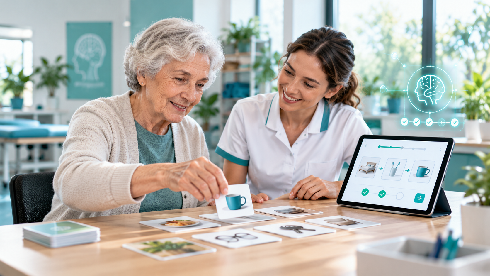 Older adult completing a picture-card cognitive activity with guidance from a healthcare professional.
