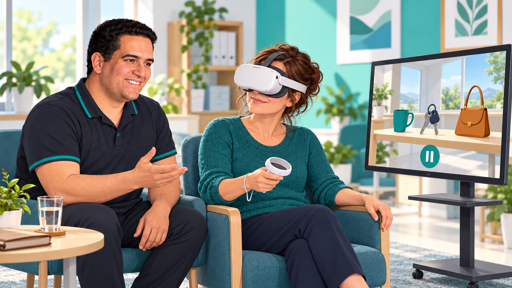 A therapist resembling Ahmed Nabli supervises a seated adult using a VR headset and controller, with everyday objects shown on the external display.