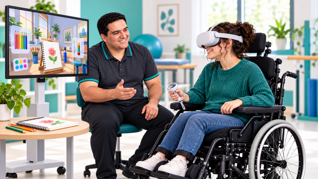 A therapist resembling Ahmed Nabli supervises a young adult using a VR headset and controller in a supportive wheelchair, with a virtual art activity on the external display.