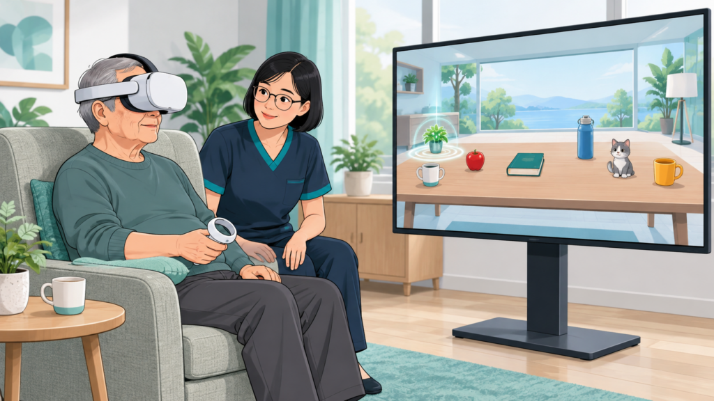 Une thérapeute illustrée supervise un adulte âgé assis sous casque VR, près d’une scène virtuelle avec des objets répartis sur une table.